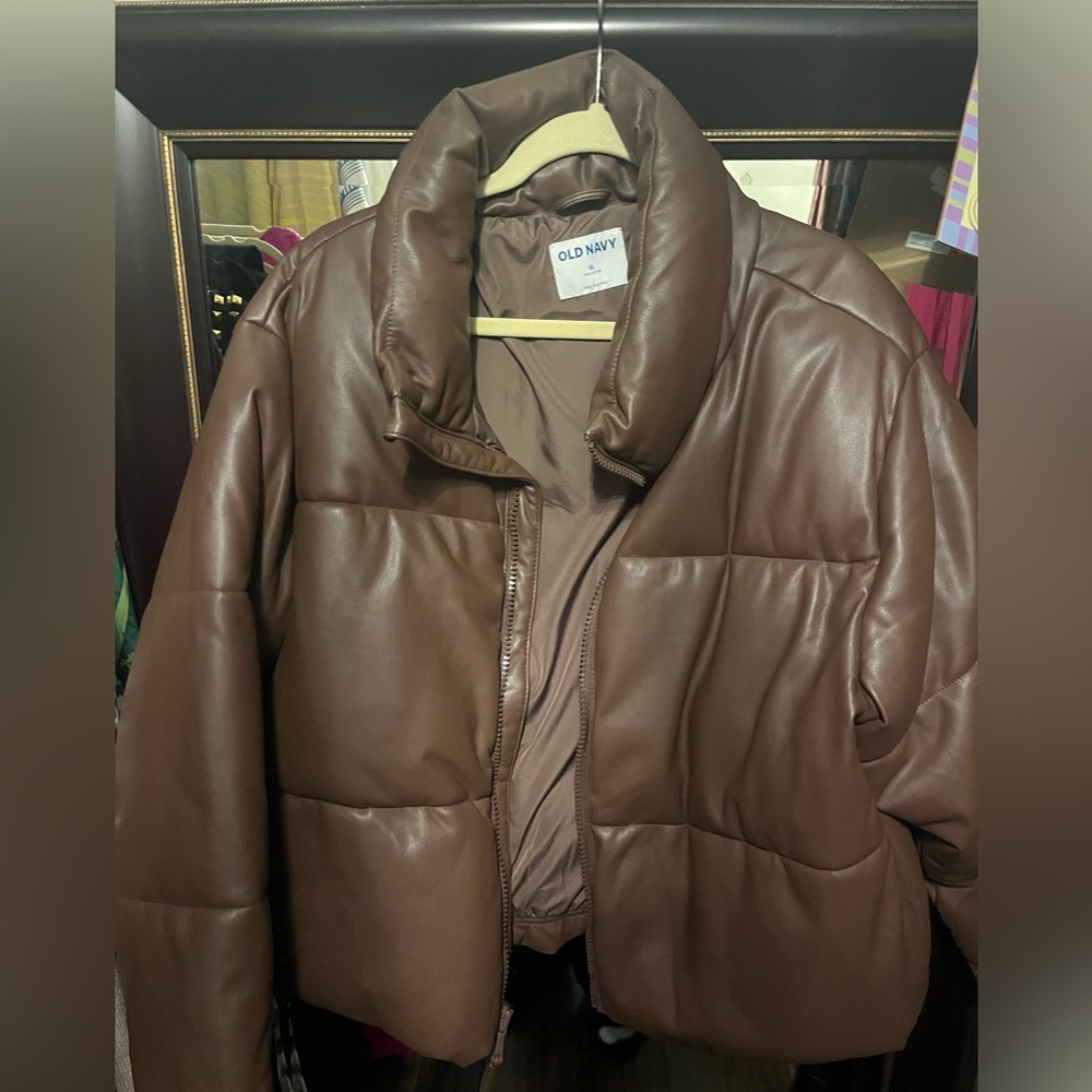 Old navy brown faux leather puffer jacket